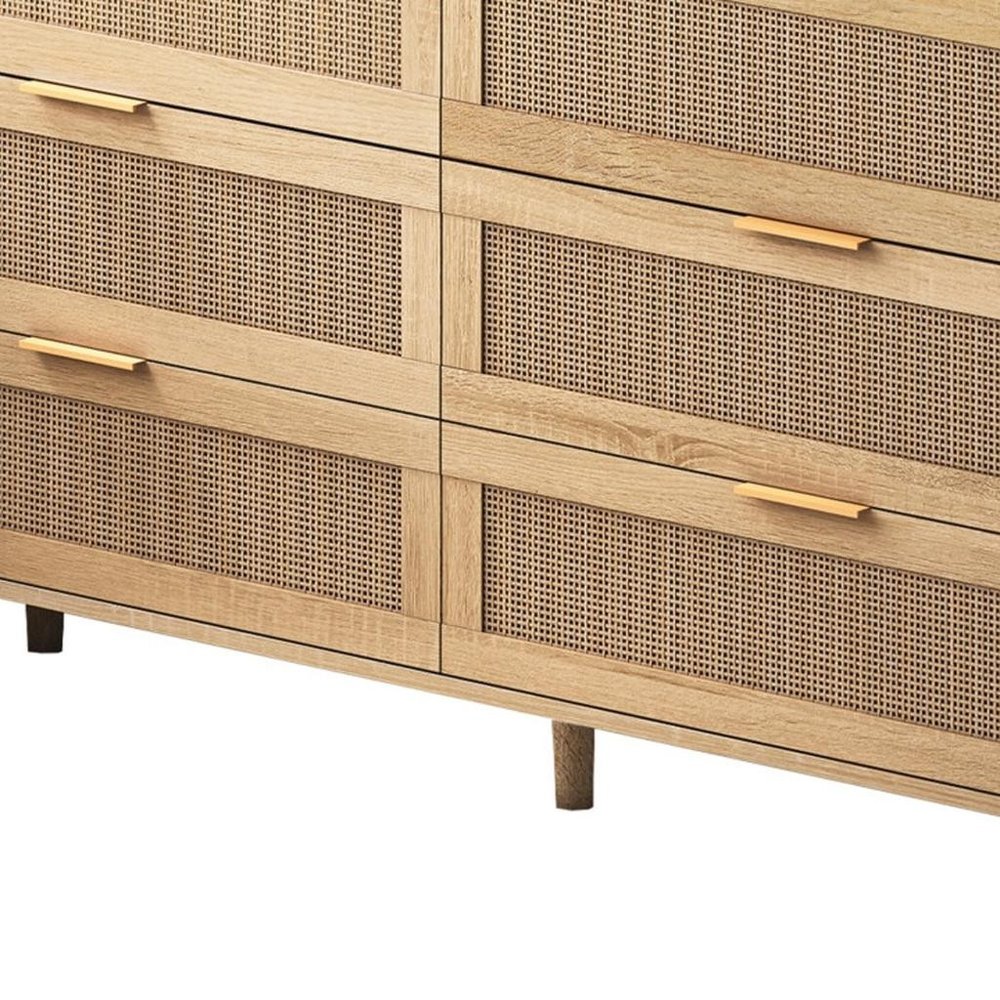 59" Natural Wood and Rattan Six Drawer Double Dresser