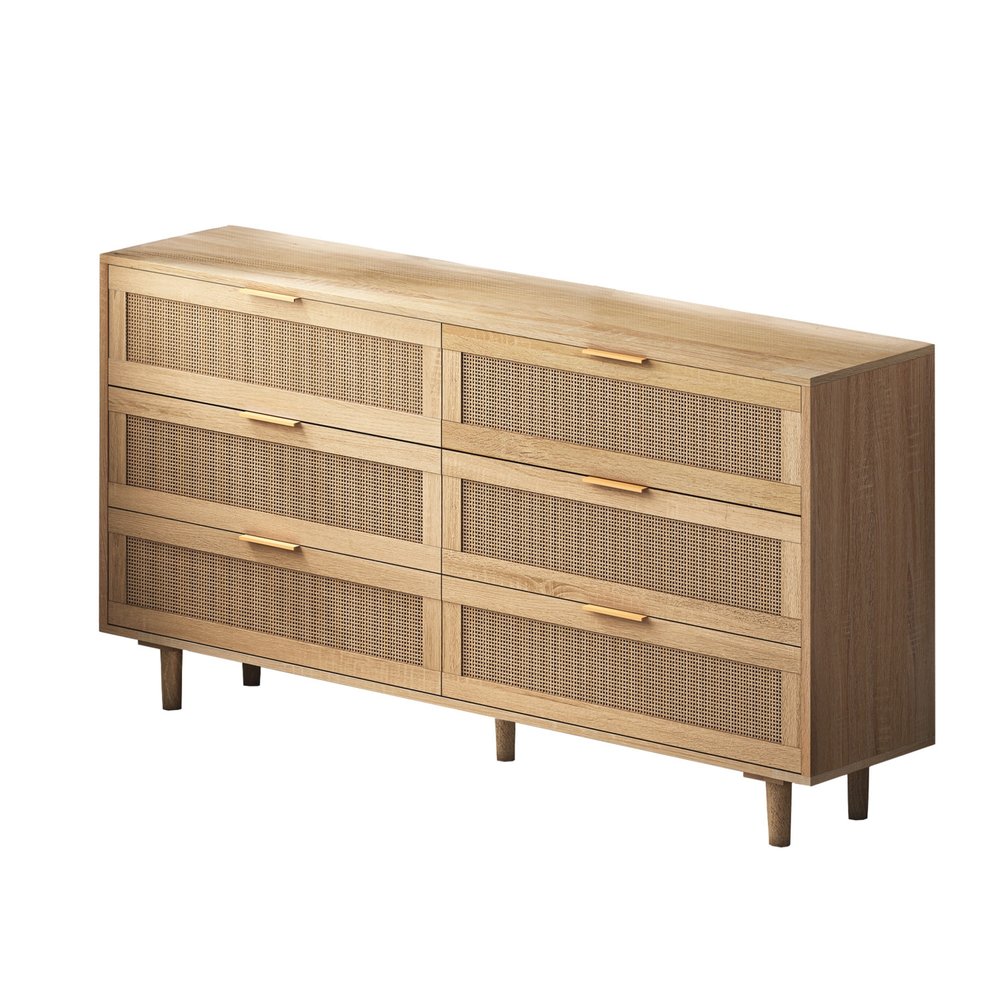 59" Natural Wood and Rattan Six Drawer Double Dresser