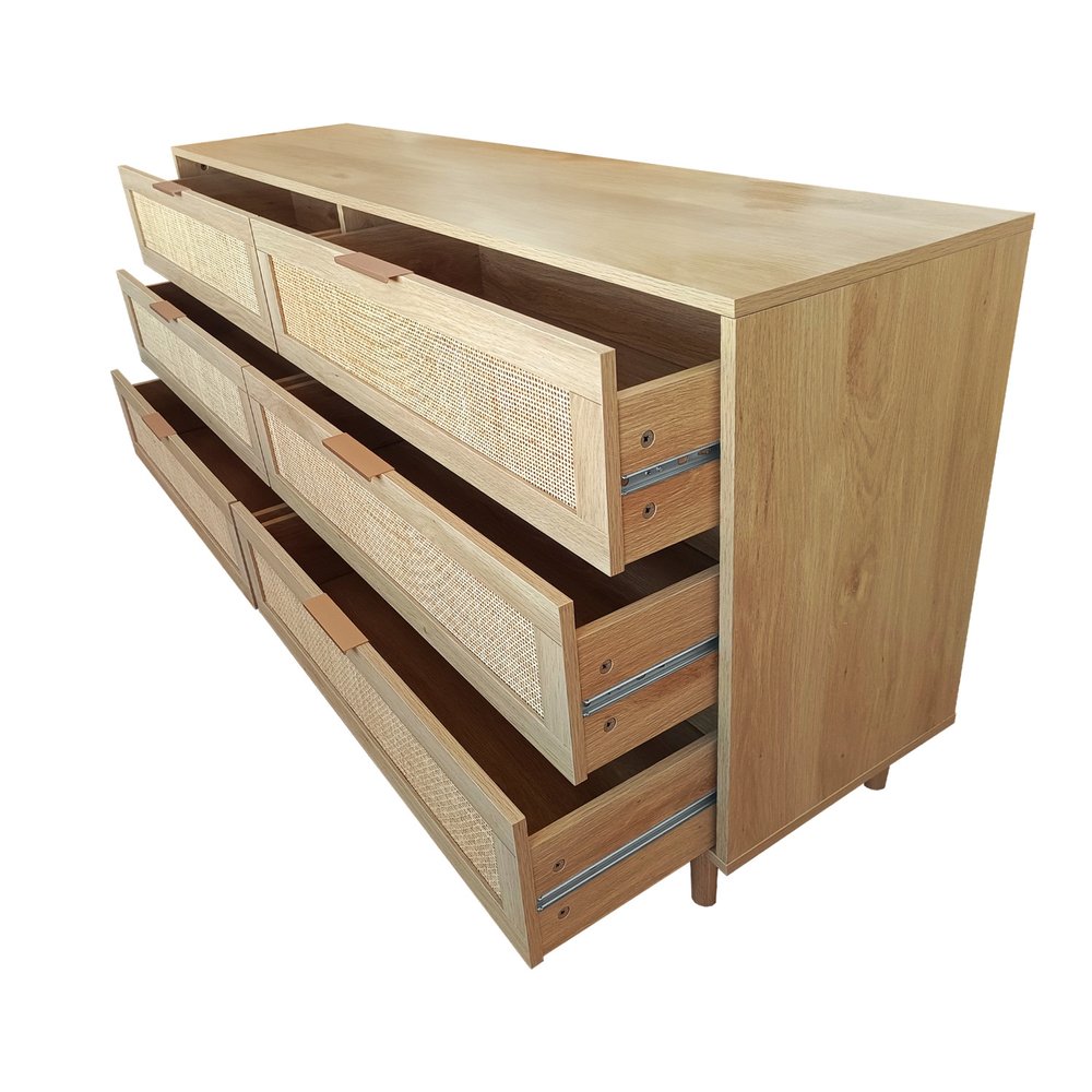 59" Natural Wood and Rattan Six Drawer Double Dresser