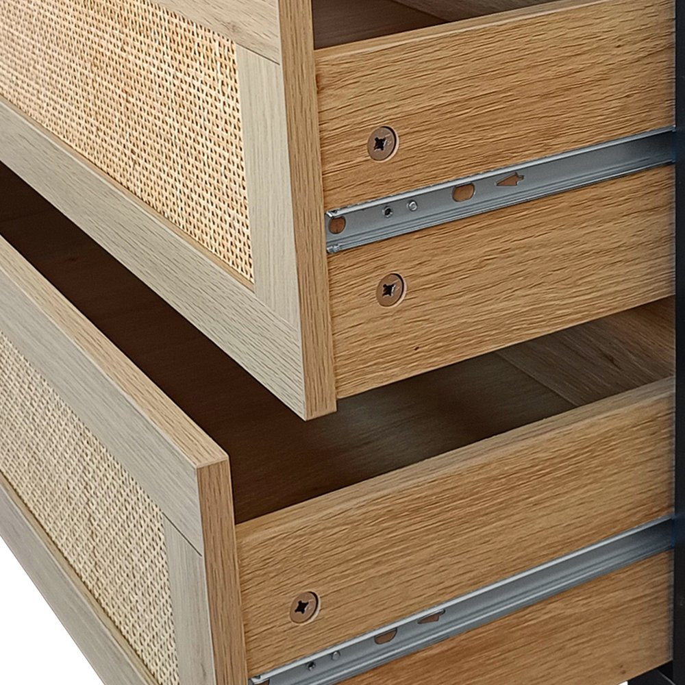 59" Natural Wood and Rattan Six Drawer Double Dresser