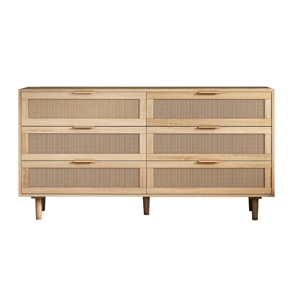 59" Natural Wood and Rattan Six Drawer Double Dresser