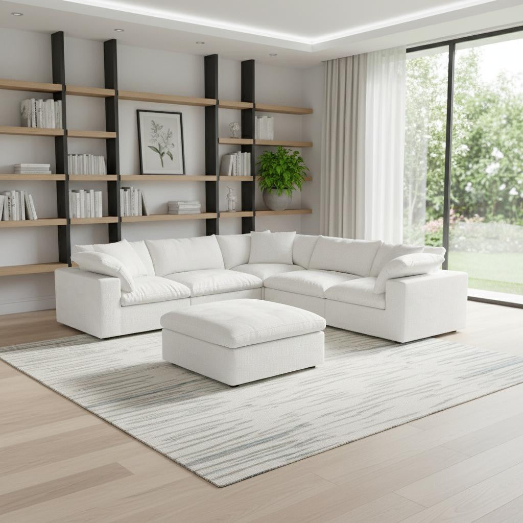 White Linen Blend Modular L Shaped Six Piece Corner Sectional With Ottoman
