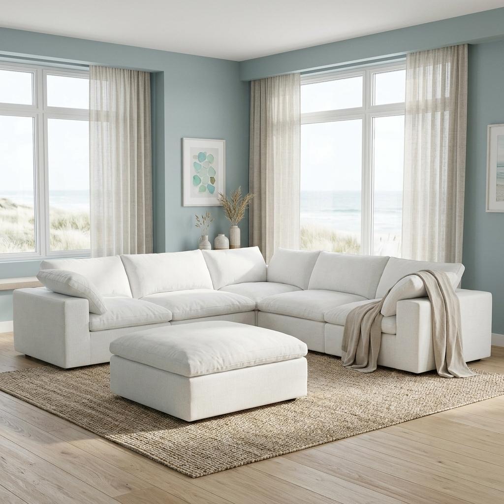 White Linen Blend Modular L Shaped Six Piece Corner Sectional With Ottoman