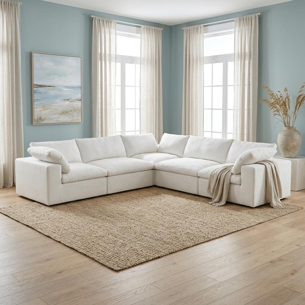 White Linen Blend Modular L Shaped Five Piece Corner Sectional