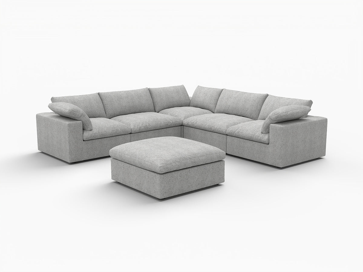 Light Gray Linen Blend Modular L Shaped Six Piece Corner Sectional With Ottoman