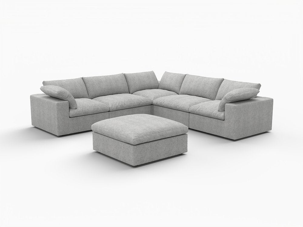Light Gray Linen Blend Modular L Shaped Six Piece Corner Sectional With Ottoman