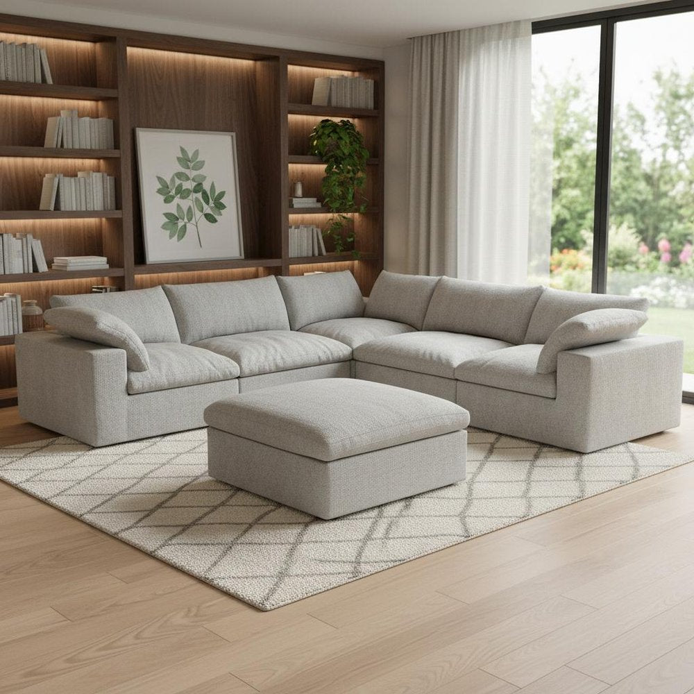 Light Gray Linen Blend Modular L Shaped Six Piece Corner Sectional With Ottoman
