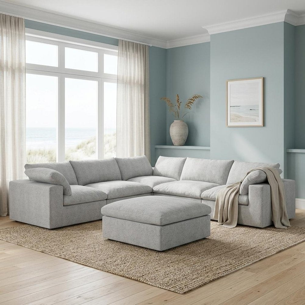 Light Gray Linen Blend Modular L Shaped Six Piece Corner Sectional With Ottoman