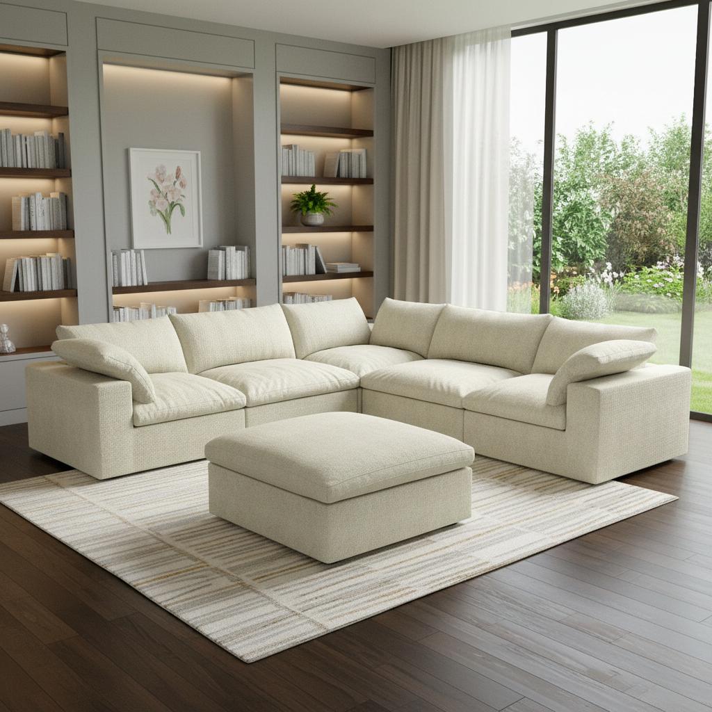 Khaki Linen Blend Modular L Shaped Six Piece Sofa and Chaise Sectional With Ottoman
