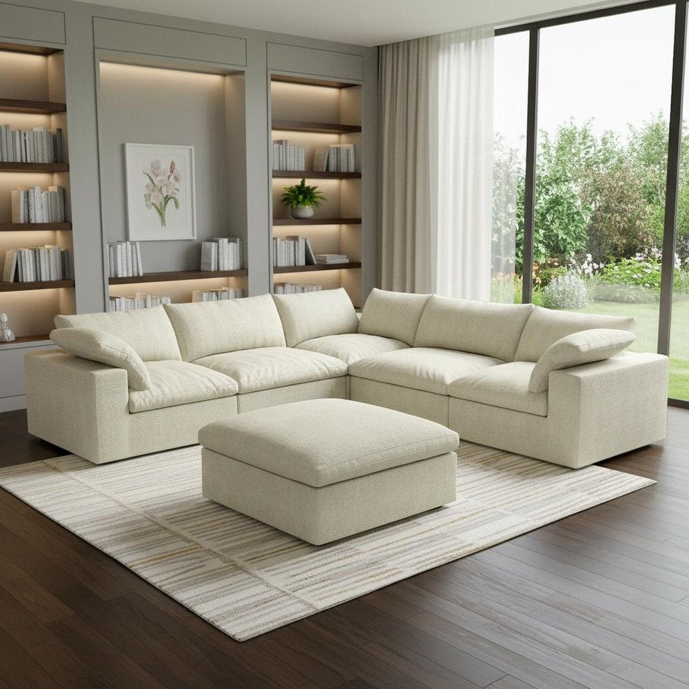Khaki Linen Blend Modular L Shaped Six Piece Sofa and Chaise Sectional With Ottoman