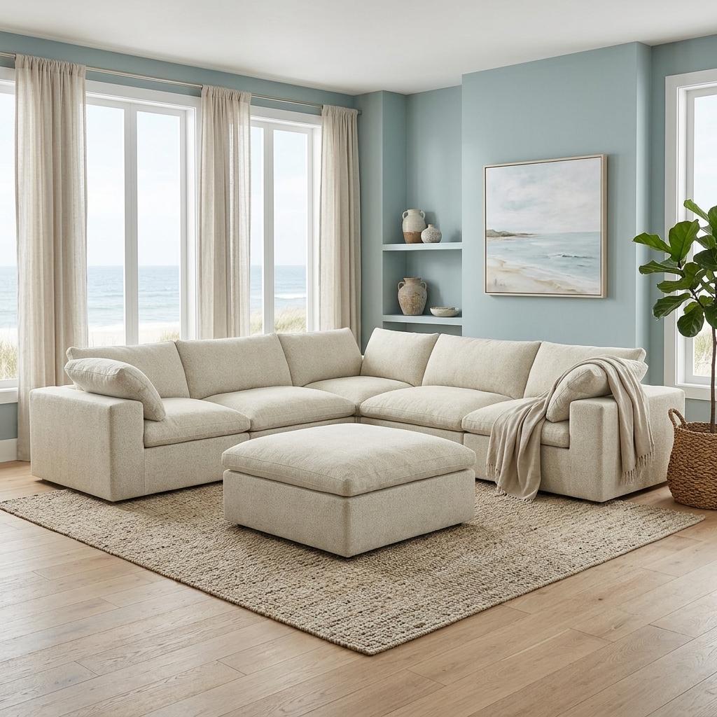 Khaki Linen Blend Modular L Shaped Six Piece Sofa and Chaise Sectional With Ottoman