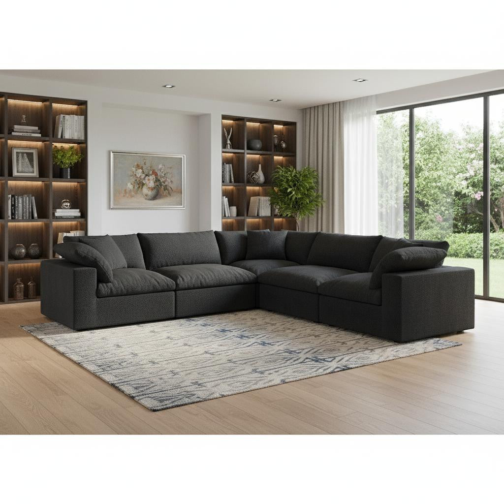 Black Linen Blend Modular L Shaped Five Piece Corner Sectional