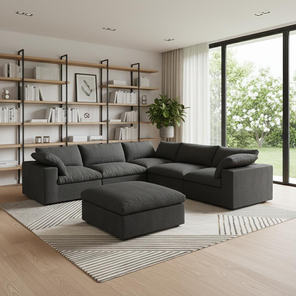 Black Linen Blend Modular L Shaped Six Piece Corner Sectional With Ottoman