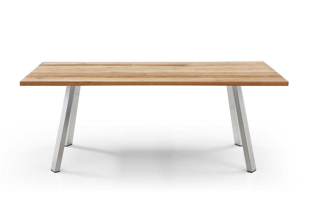 79" Natural and Silver Solid Wood and Stainless Steel Outdoor Dining Table
