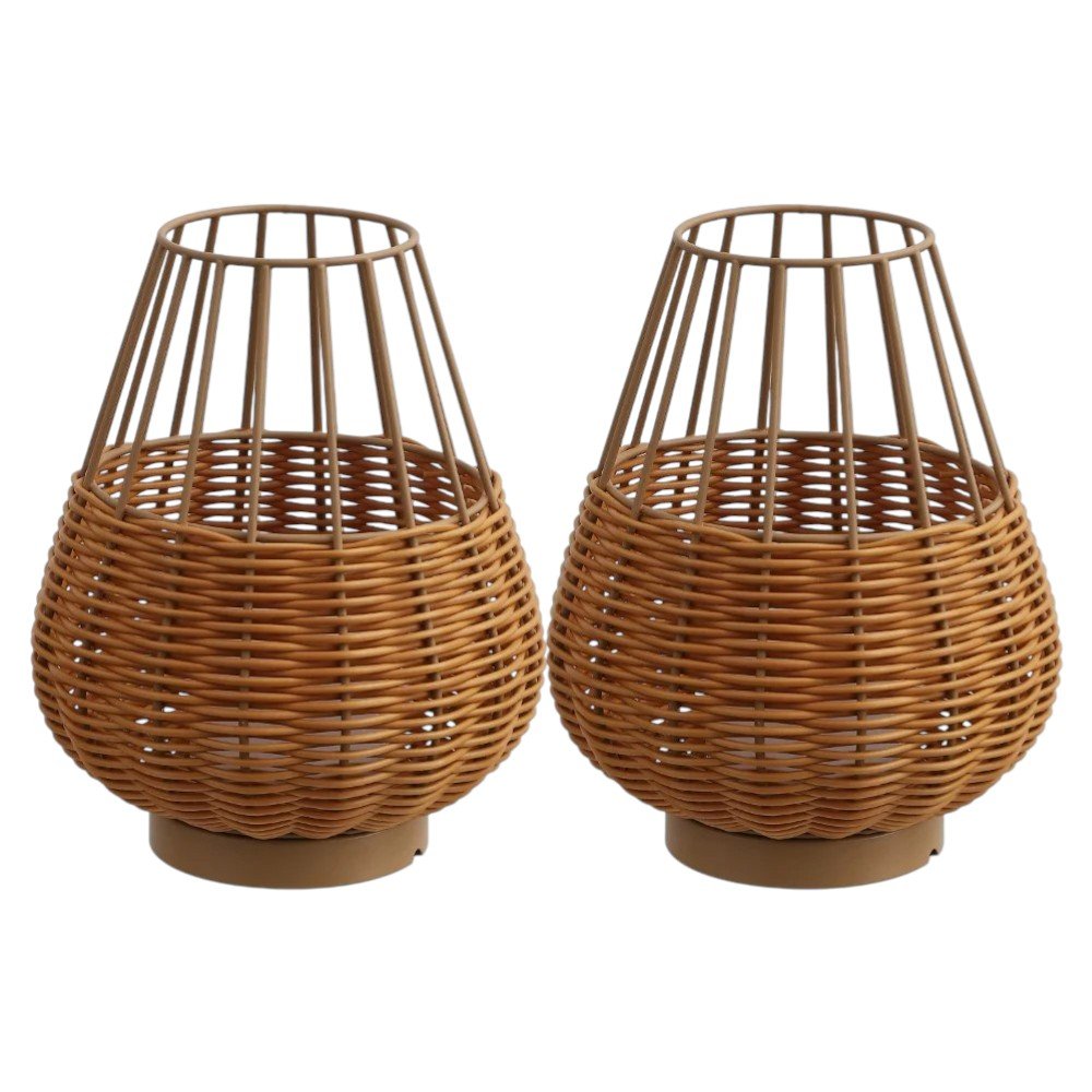 Set of Two 10" Brown Round USB Table Lamps With Globe Shades