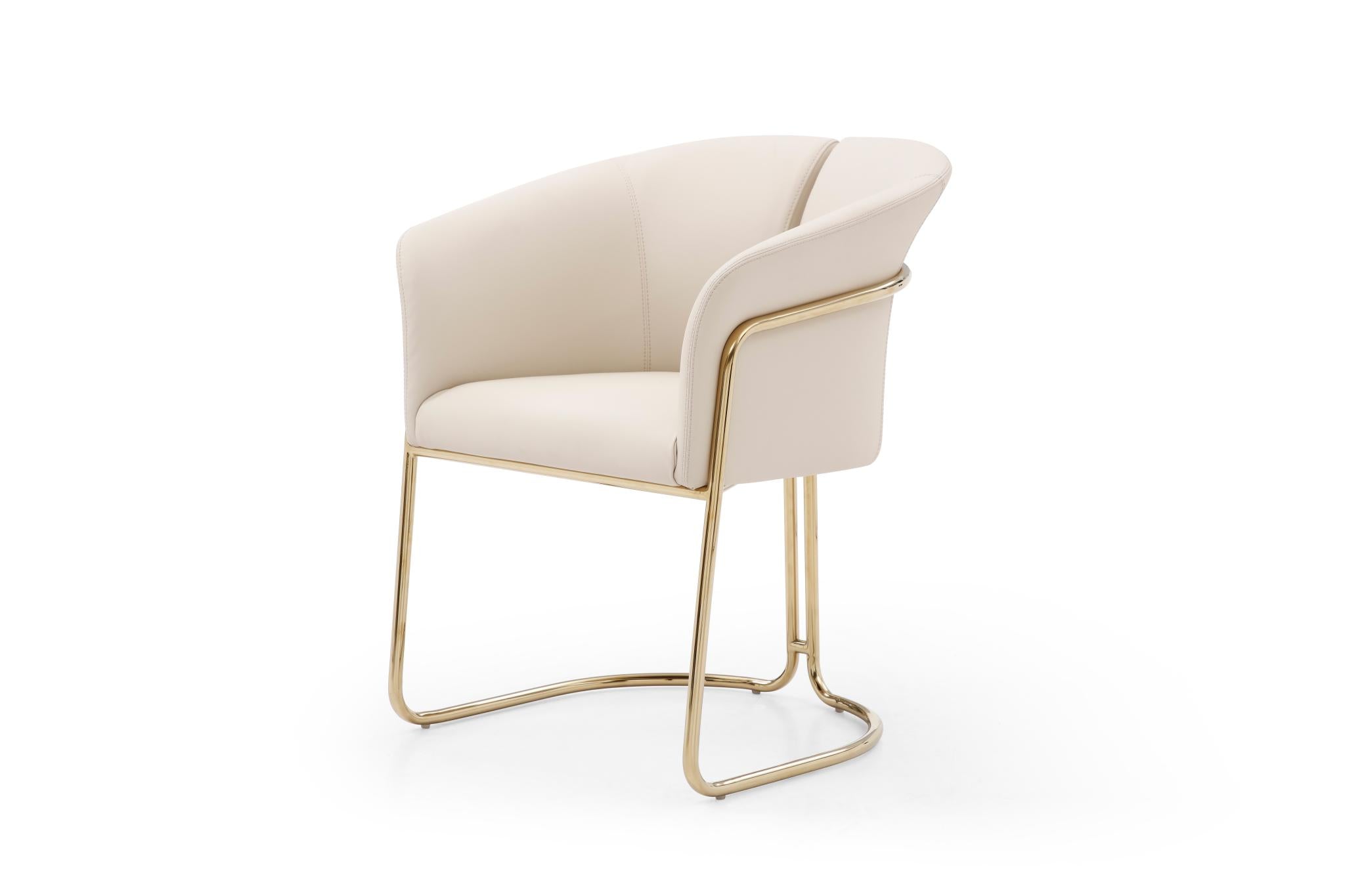 Beige and Gold Faux Leather and Metal Partially Open Back Dining Arm Chair