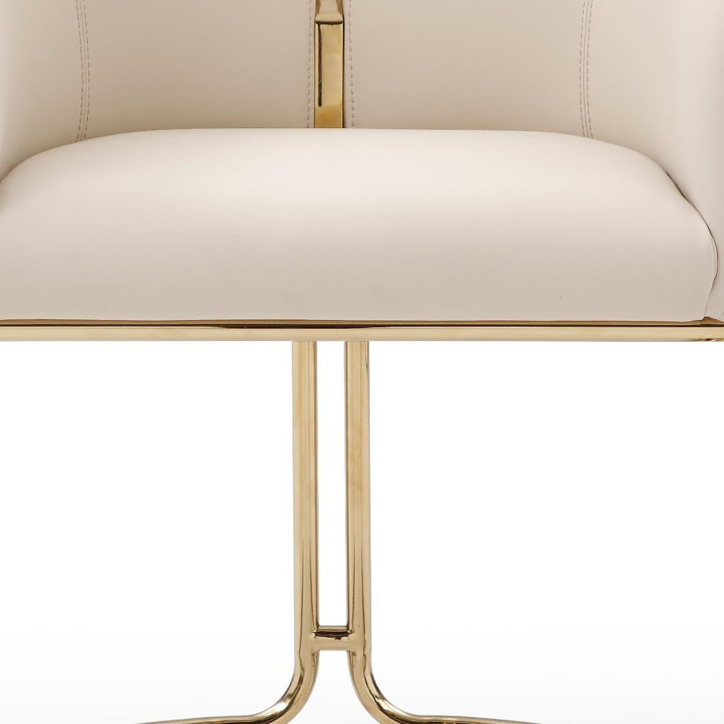 Beige and Gold Faux Leather and Metal Partially Open Back Dining Arm Chair
