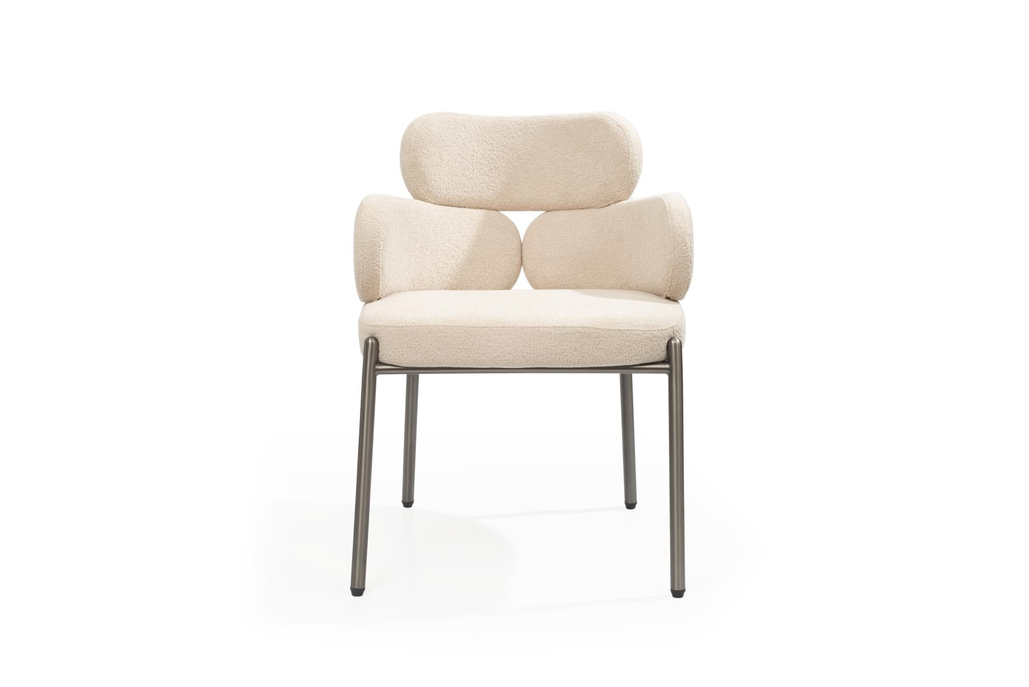 Beige and Gunmetal Boucle and Steel Dining Arm Chair