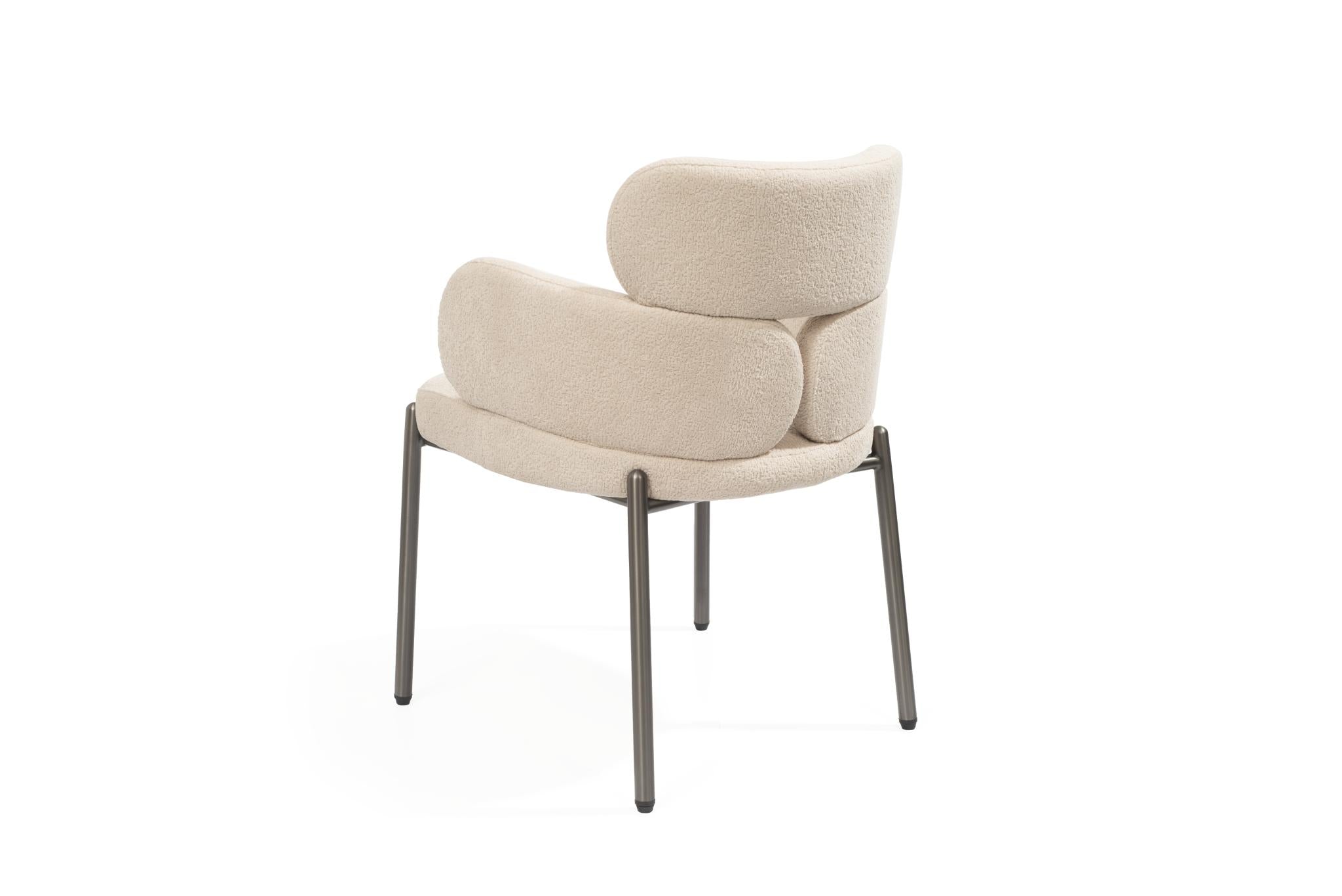Beige and Gunmetal Boucle and Steel Dining Arm Chair