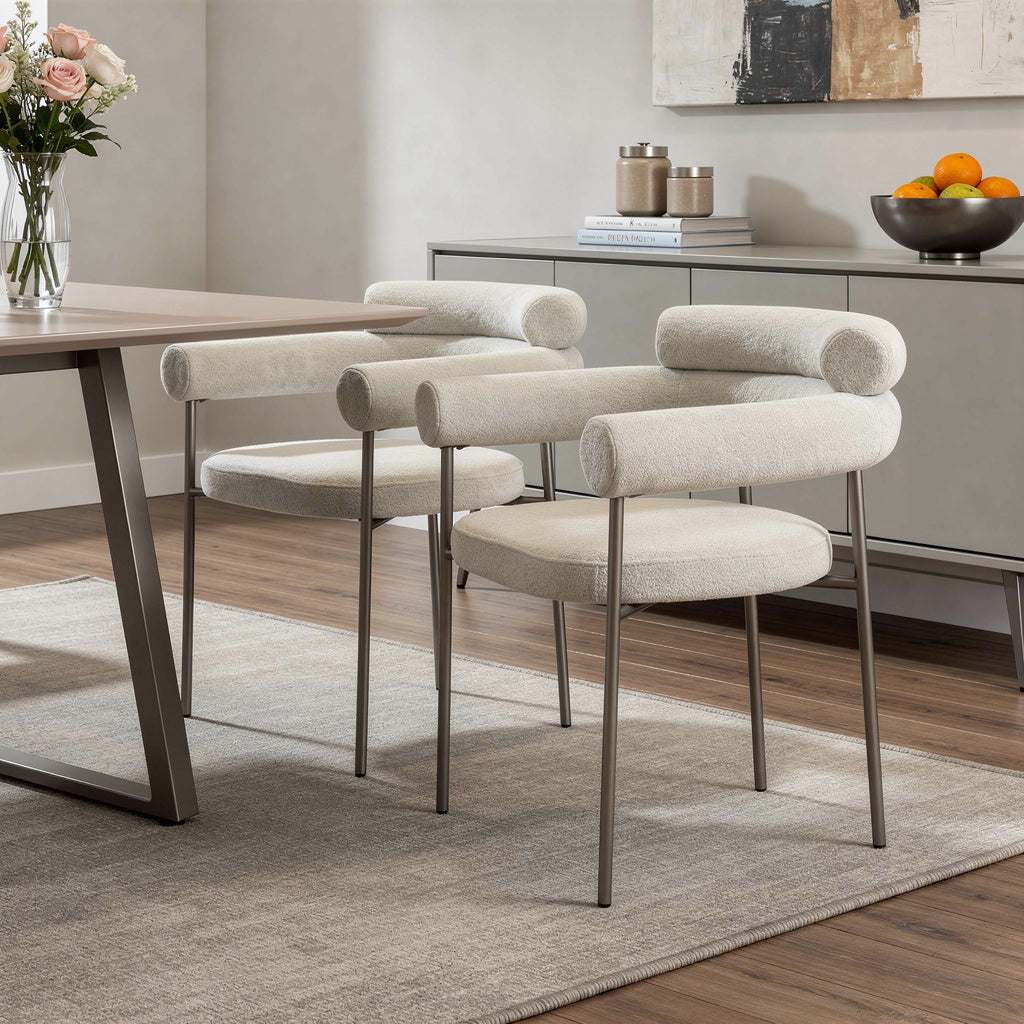 Set of Two Light Gray and Gunmetal Boucle and Stainless Steel Open Back Dining Arm Chairs