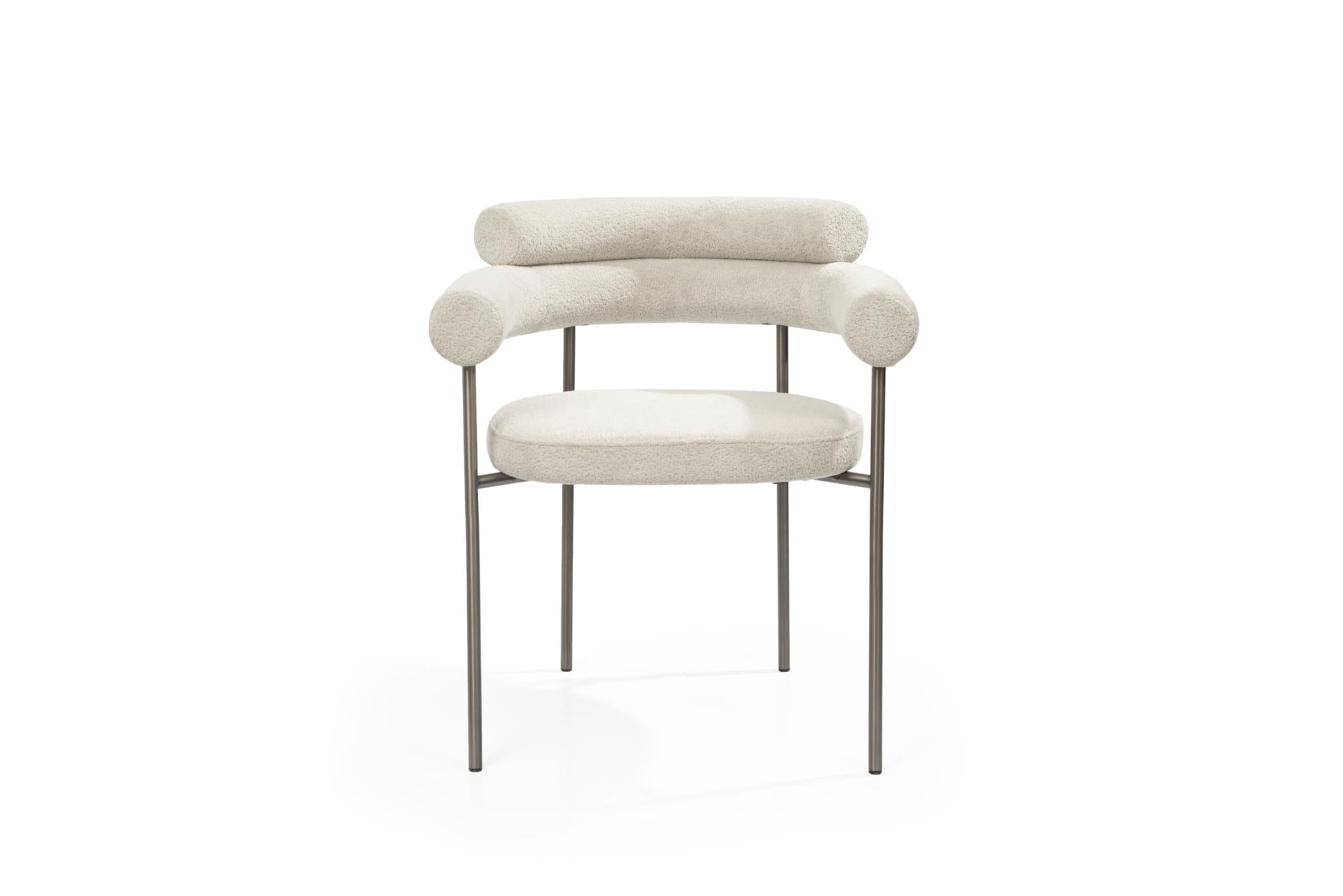 Set of Two Light Gray and Gunmetal Boucle and Stainless Steel Open Back Dining Arm Chairs