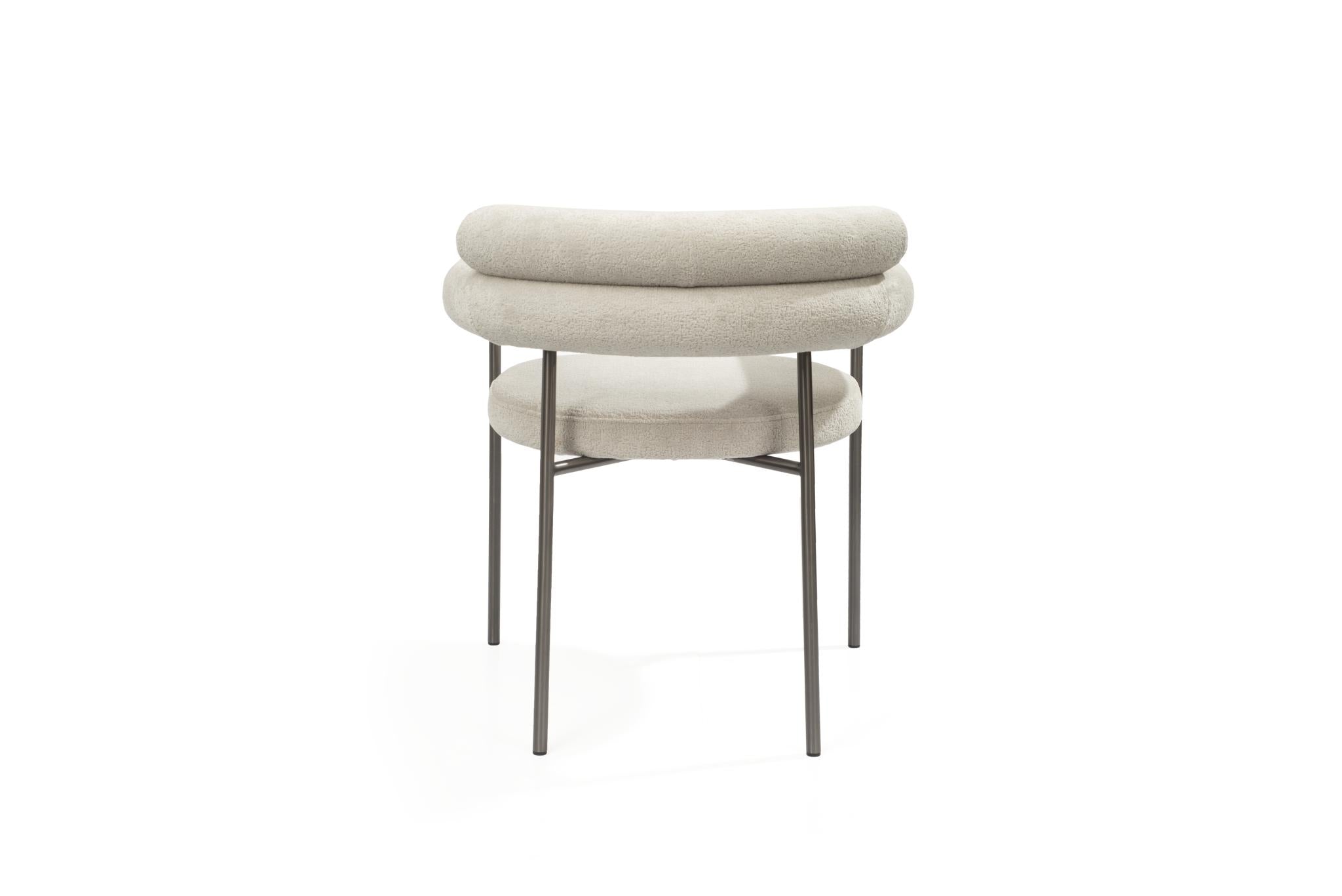 Set of Two Light Gray and Gunmetal Boucle and Stainless Steel Open Back Dining Arm Chairs