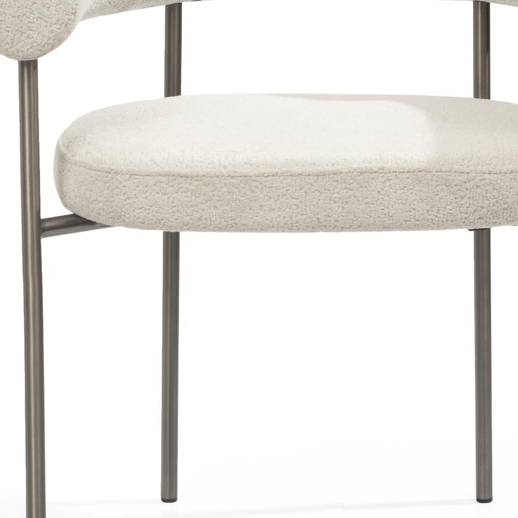 Set of Two Light Gray and Gunmetal Boucle and Stainless Steel Open Back Dining Arm Chairs