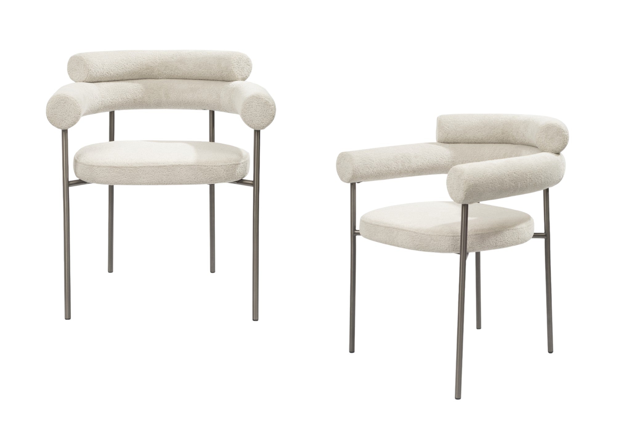 Set of Two Light Gray and Gunmetal Boucle and Stainless Steel Open Back Dining Arm Chairs