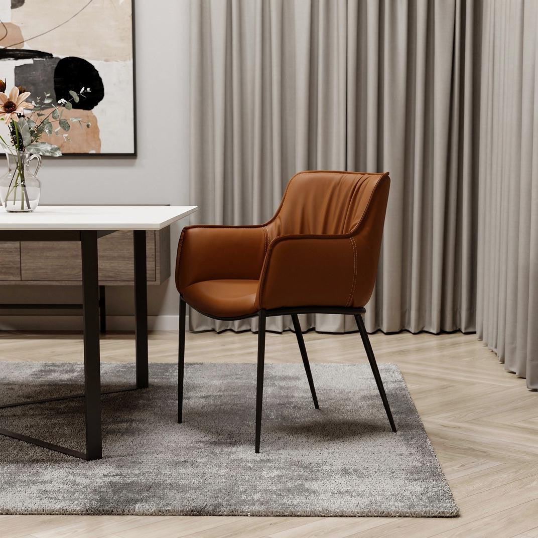 Brown and Black Faux Leather and Steel Dining Arm Chair