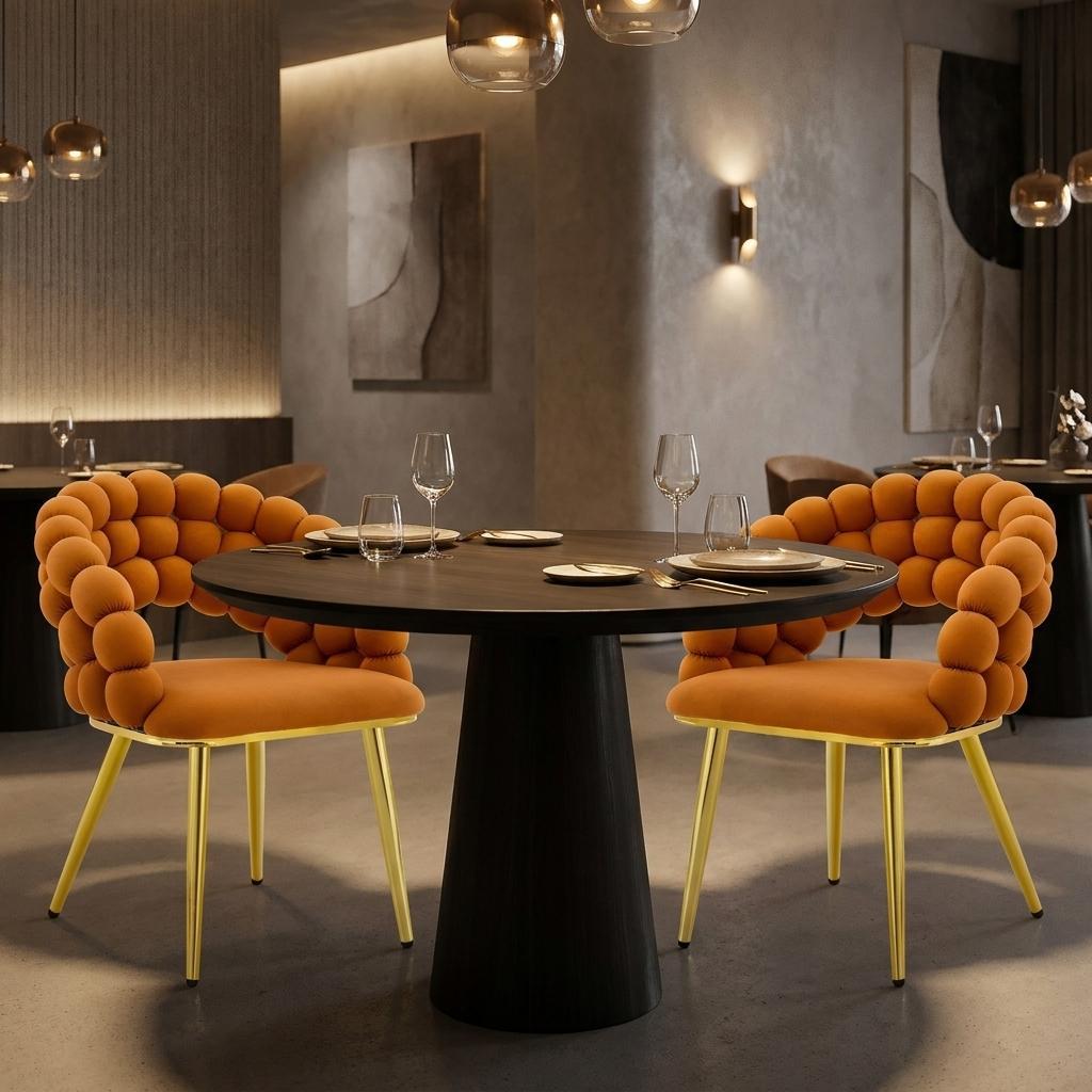 Set of Two Orange And Gold Velvet And Metal Open Back Dining Side Chairs
