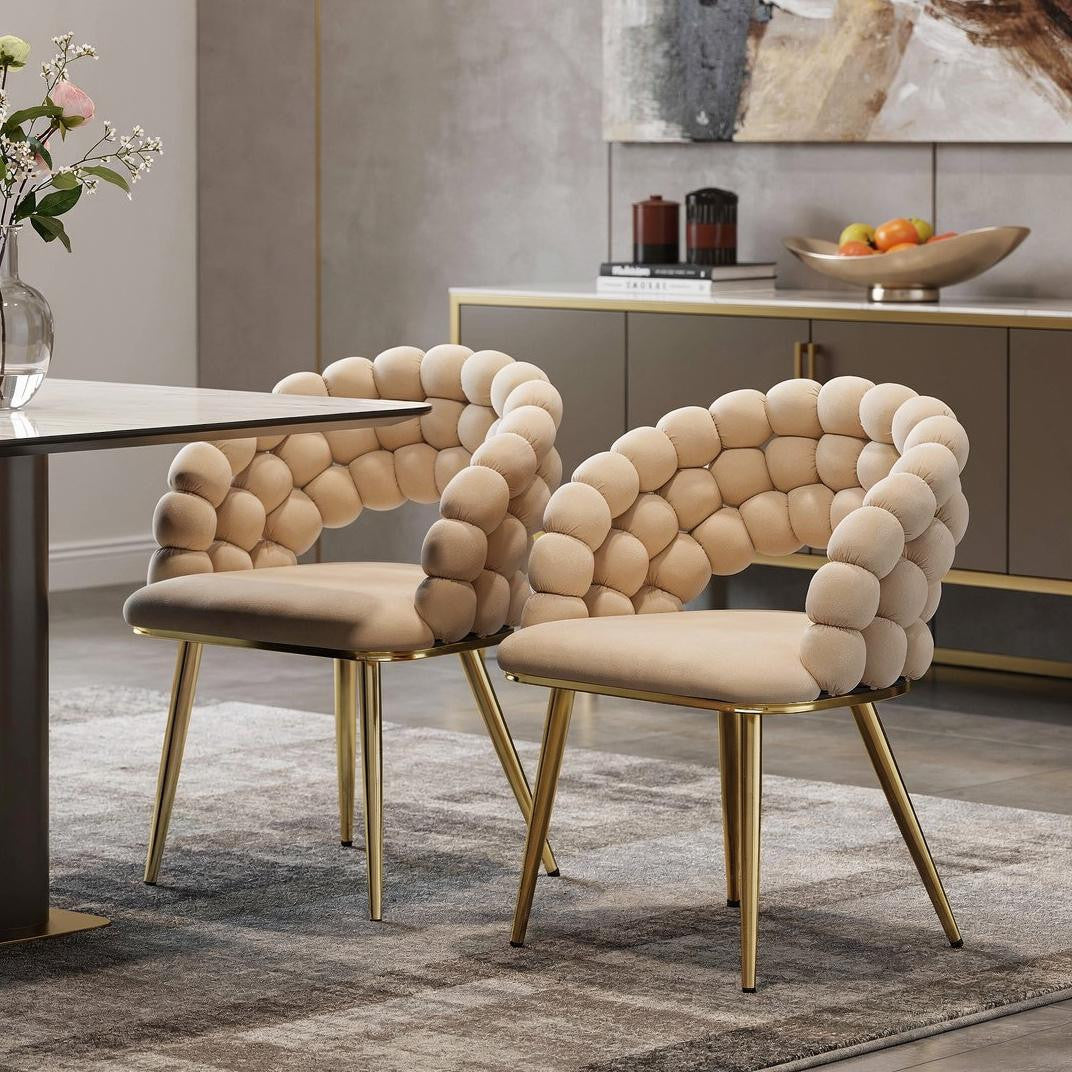 Set of Two Beige and Gold Velvet Dining Side Chairs