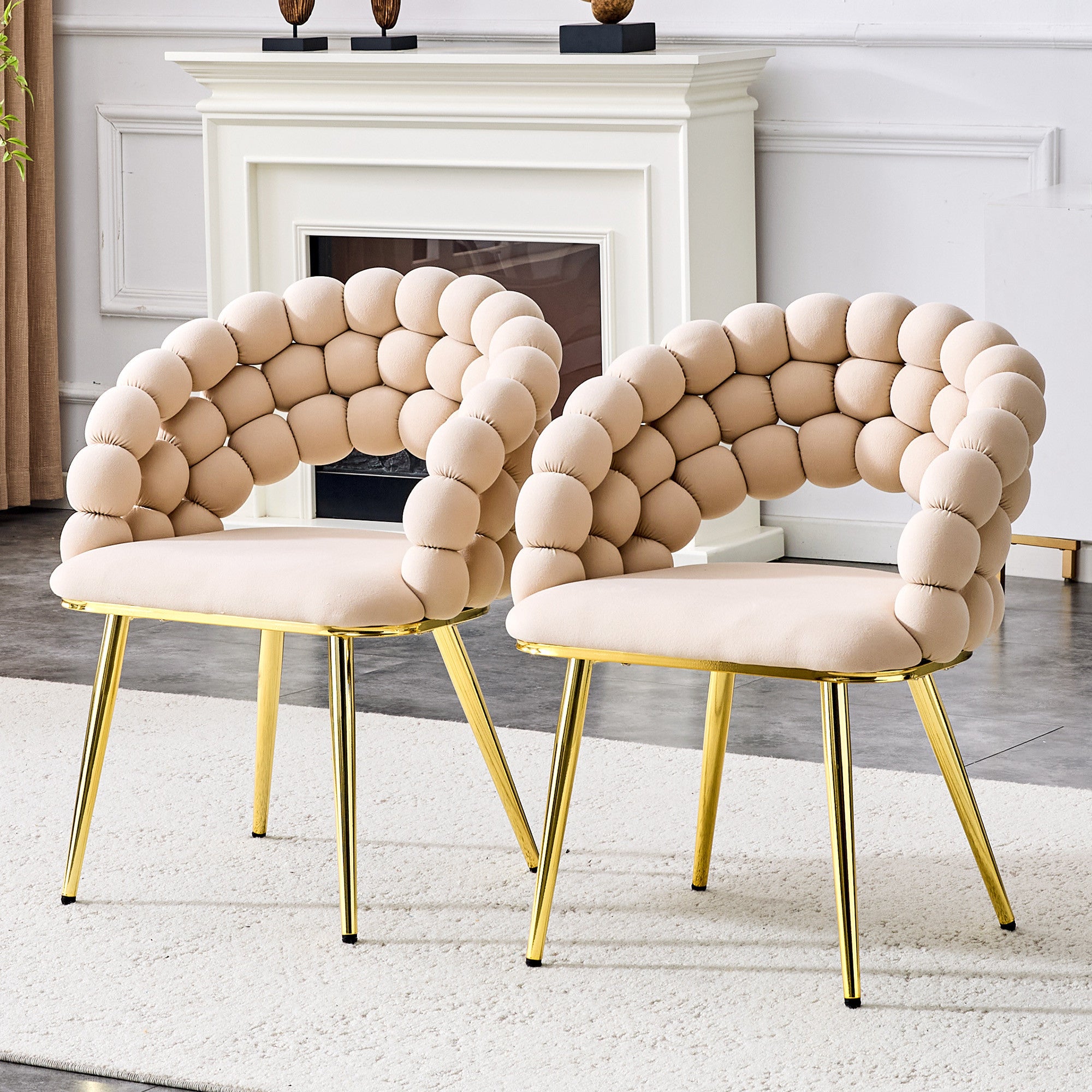 Set of Two Beige and Gold Velvet Dining Side Chairs