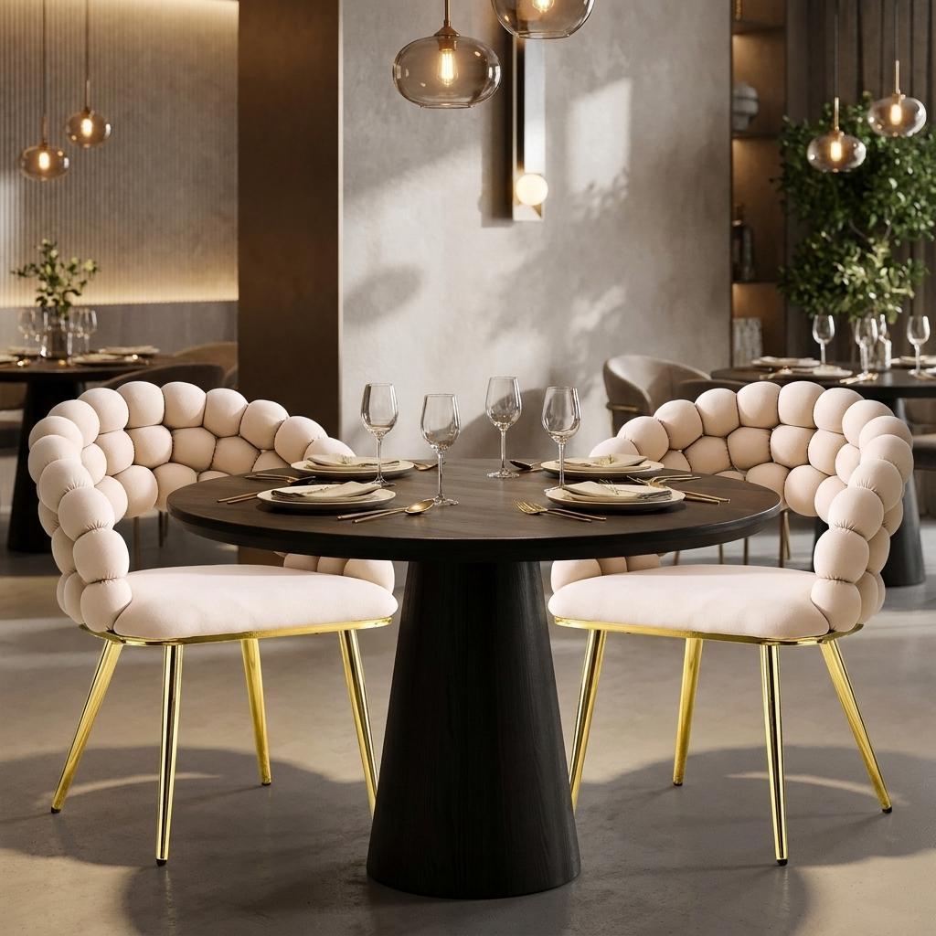Set of Two Beige and Gold Velvet Dining Side Chairs