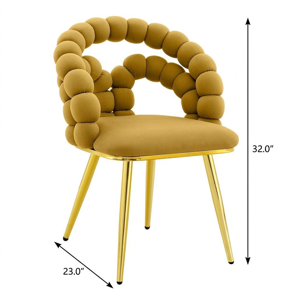Set of Two Yellow And Gold Velvet And Metal Open Back Dining Arm Chairs