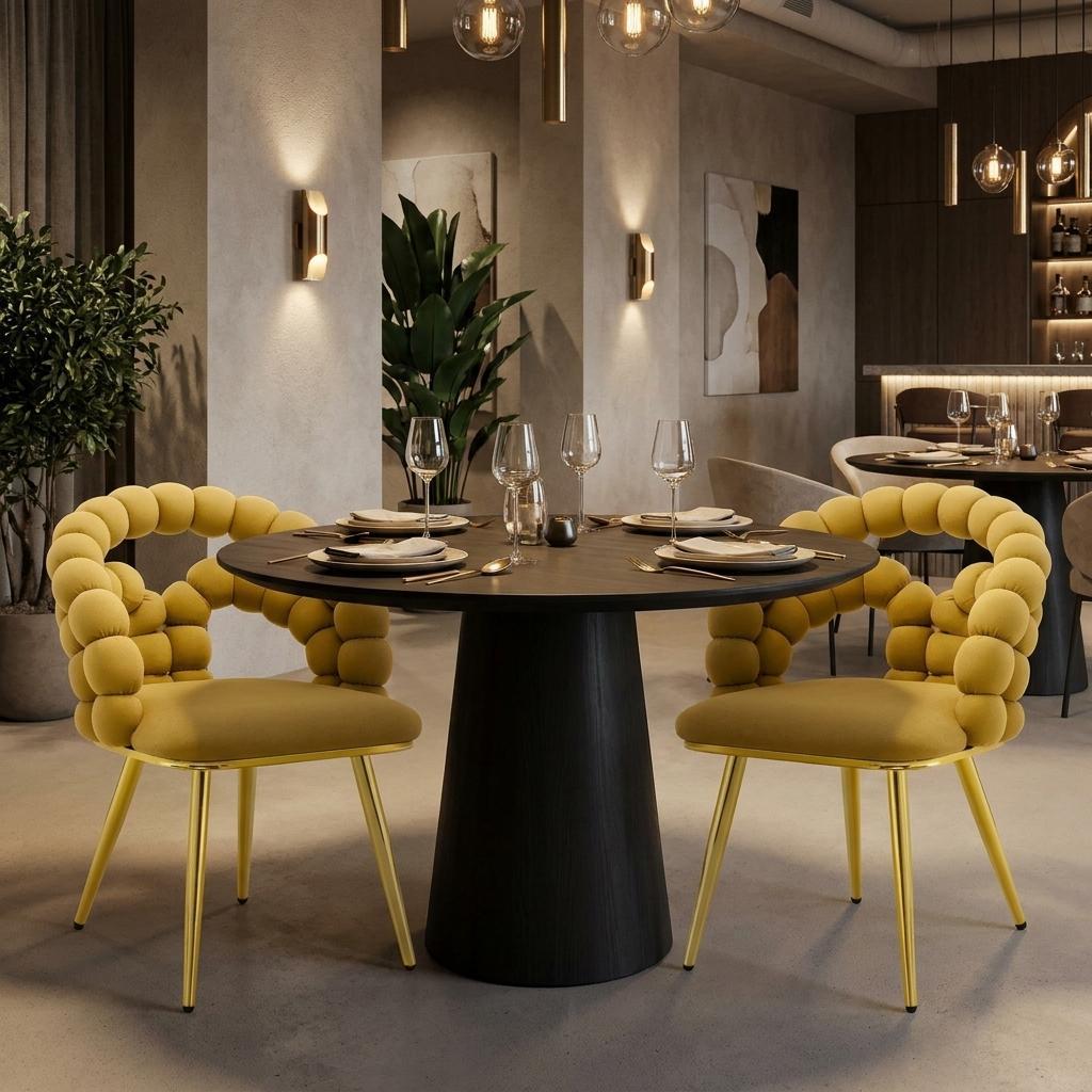 Set of Two Yellow And Gold Velvet And Metal Open Back Dining Arm Chairs