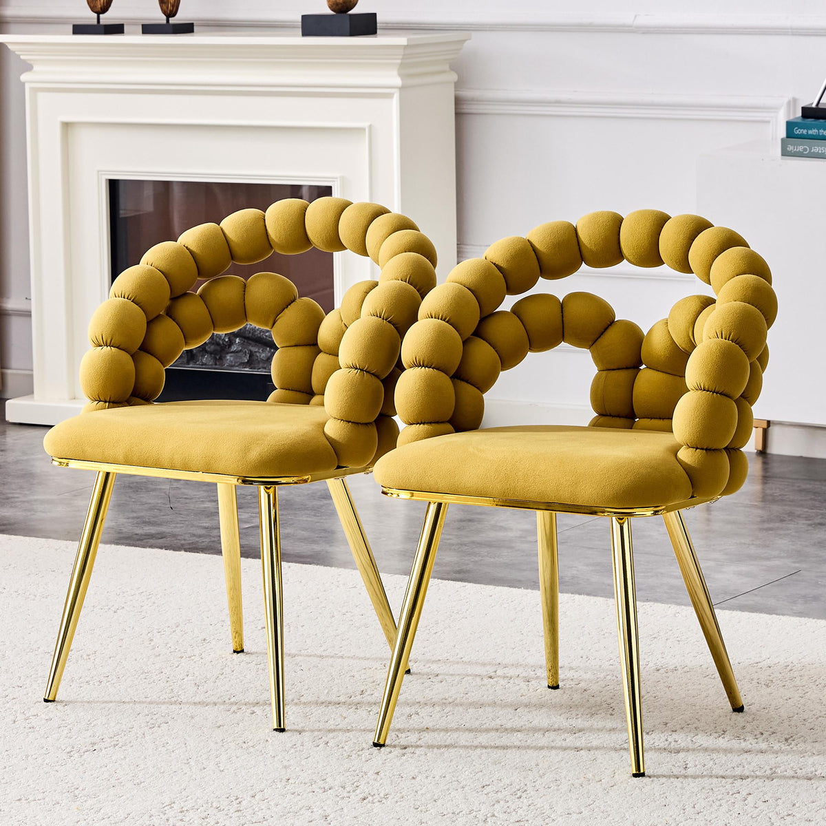 Set of Two Yellow And Gold Velvet And Metal Open Back Dining Arm Chairs