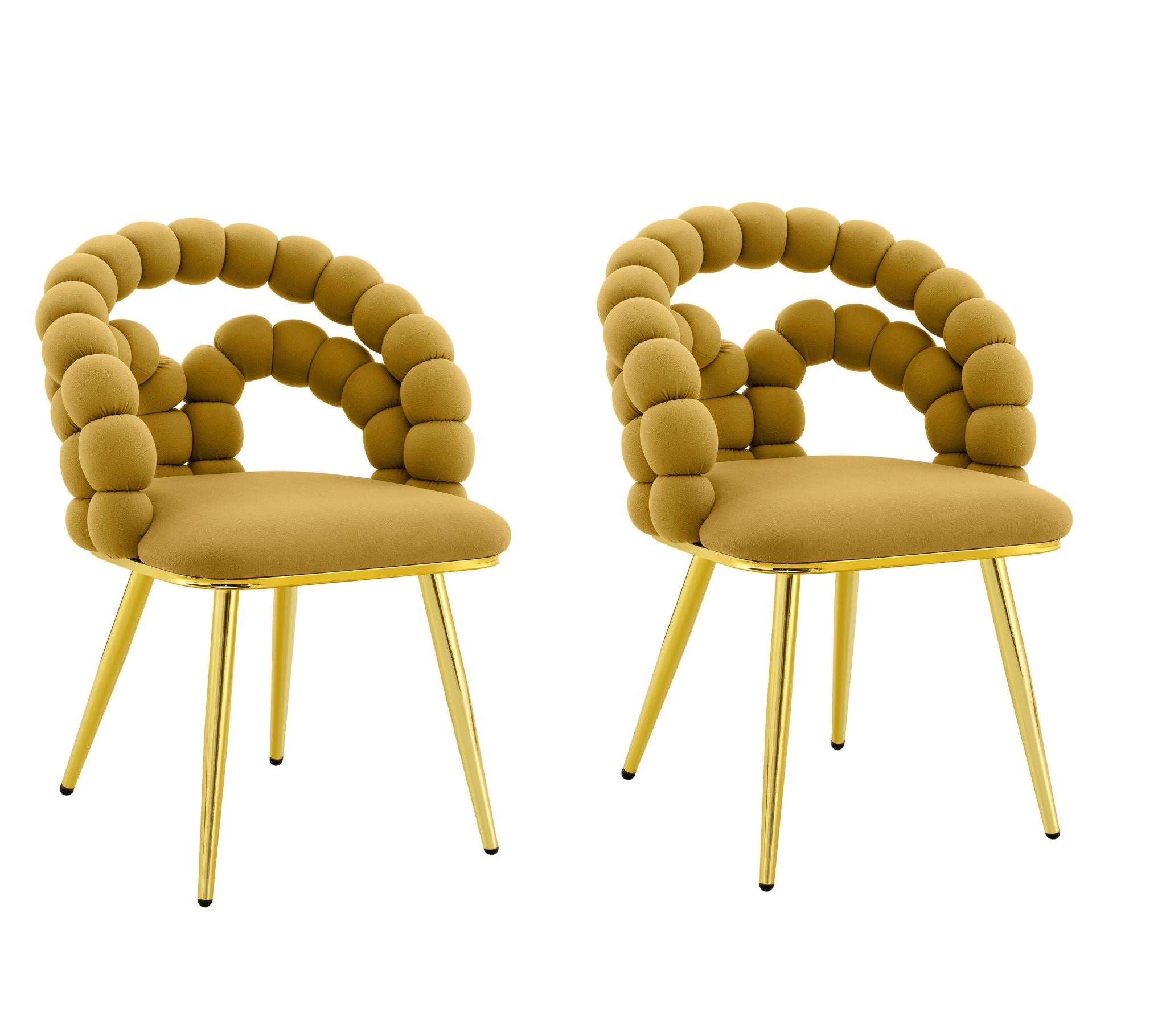 Set of Two Yellow And Gold Velvet And Metal Open Back Dining Arm Chairs
