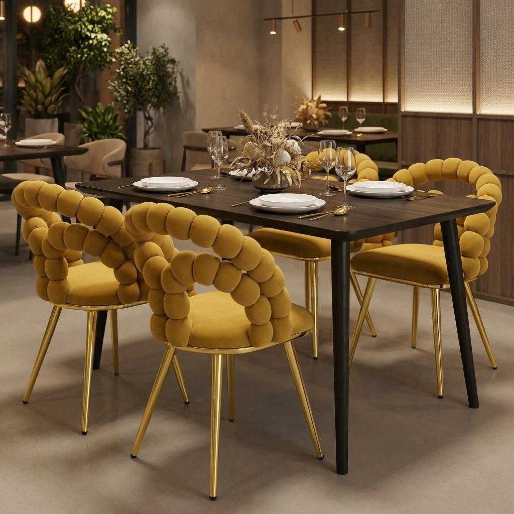 Set of Four Yellow And Gold Velvet And Metal Open Back Dining Side Chairs