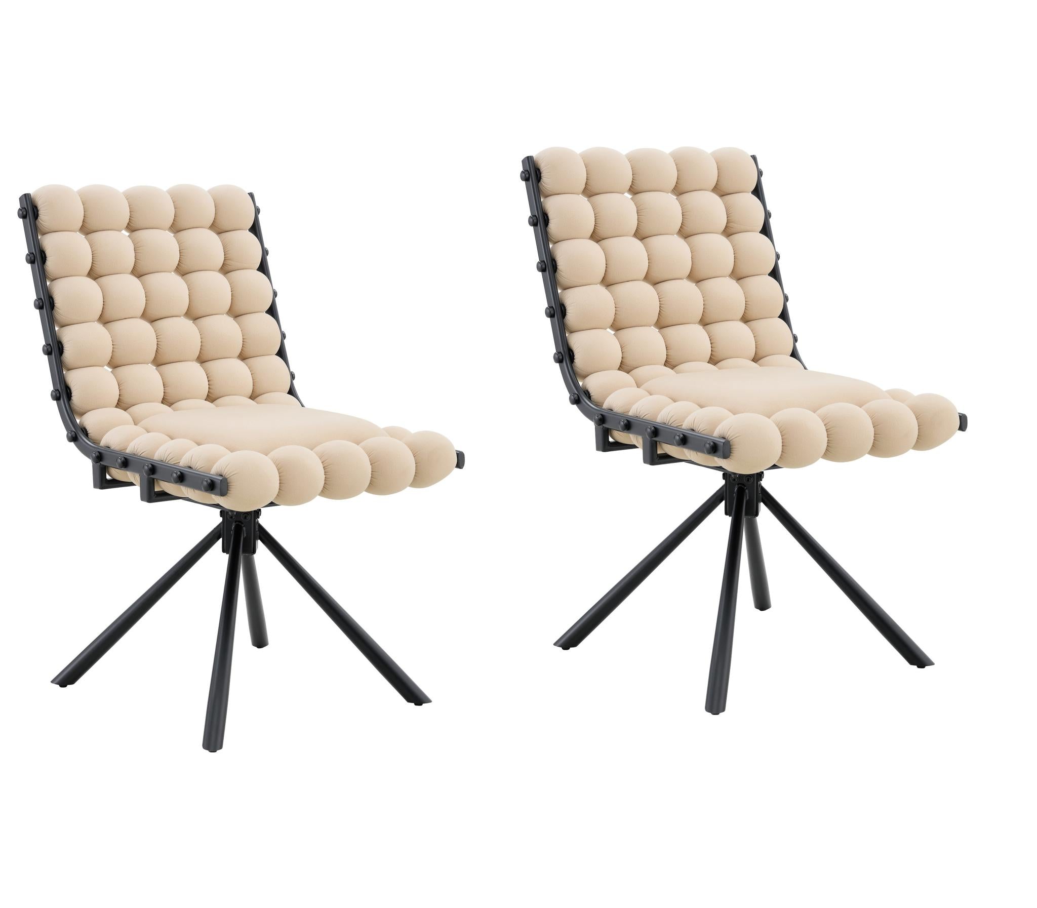 Set of Two Beige and Black Bubble Tufted Microfiber Dining Side Chairs