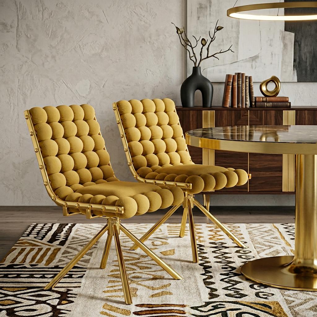 Set of Two Gold Tufted Microfiber Swivel Dining Side Chairs