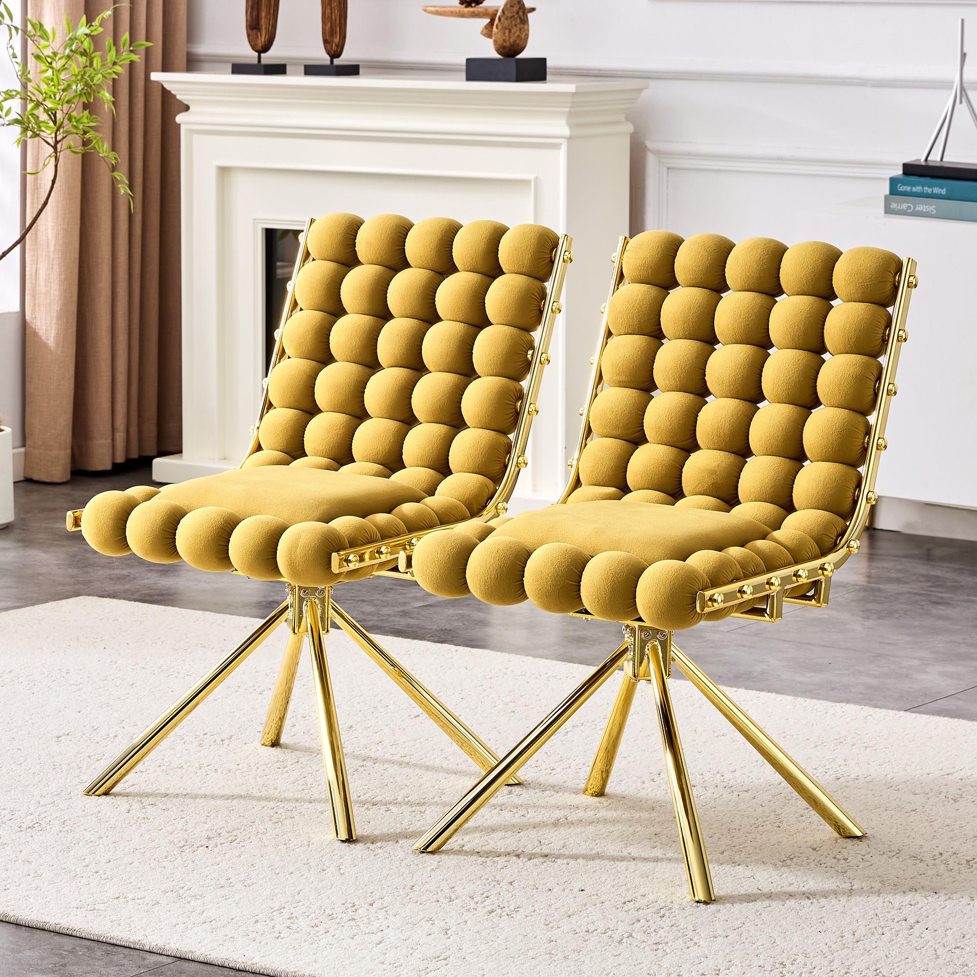 Set of Two Gold Tufted Microfiber Swivel Dining Side Chairs