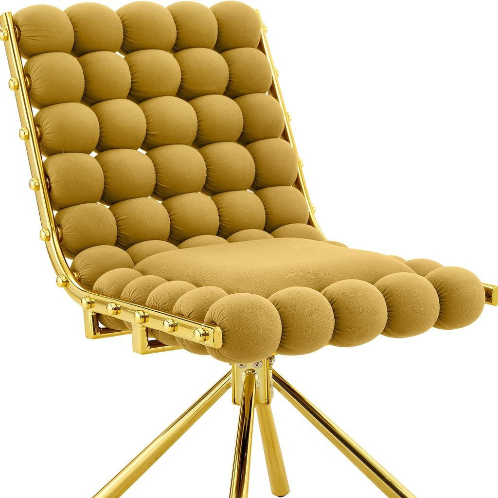 Set of Two Gold Tufted Microfiber Swivel Dining Side Chairs