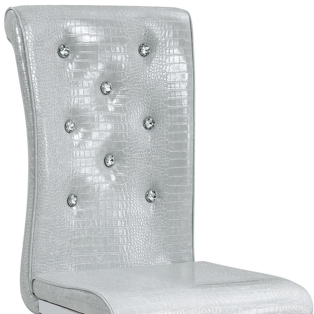 Set of Four Gray And Silver Tufted Faux Leather And Metal Dining Side Chairs