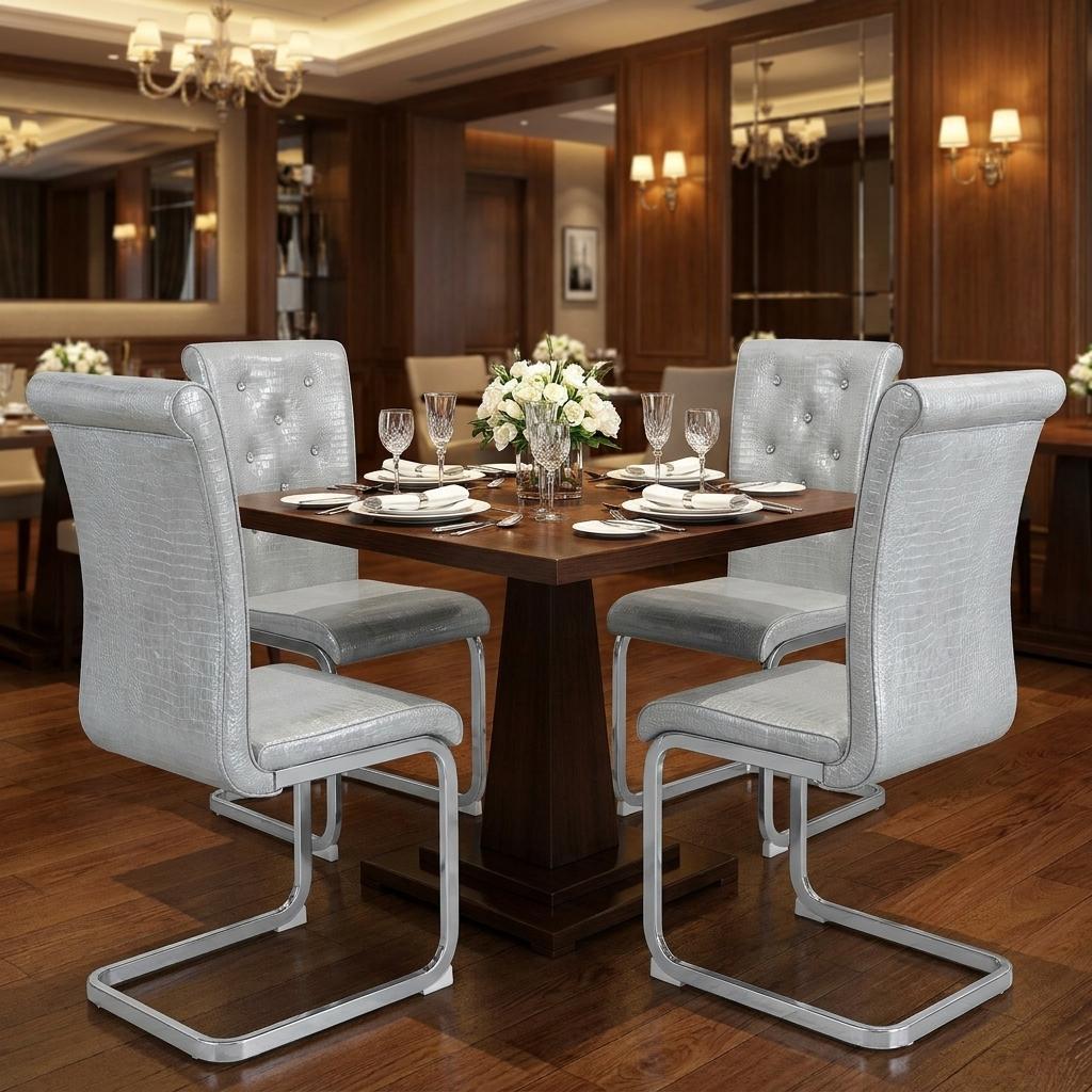 Set of Four Gray And Silver Tufted Faux Leather And Metal Dining Side Chairs