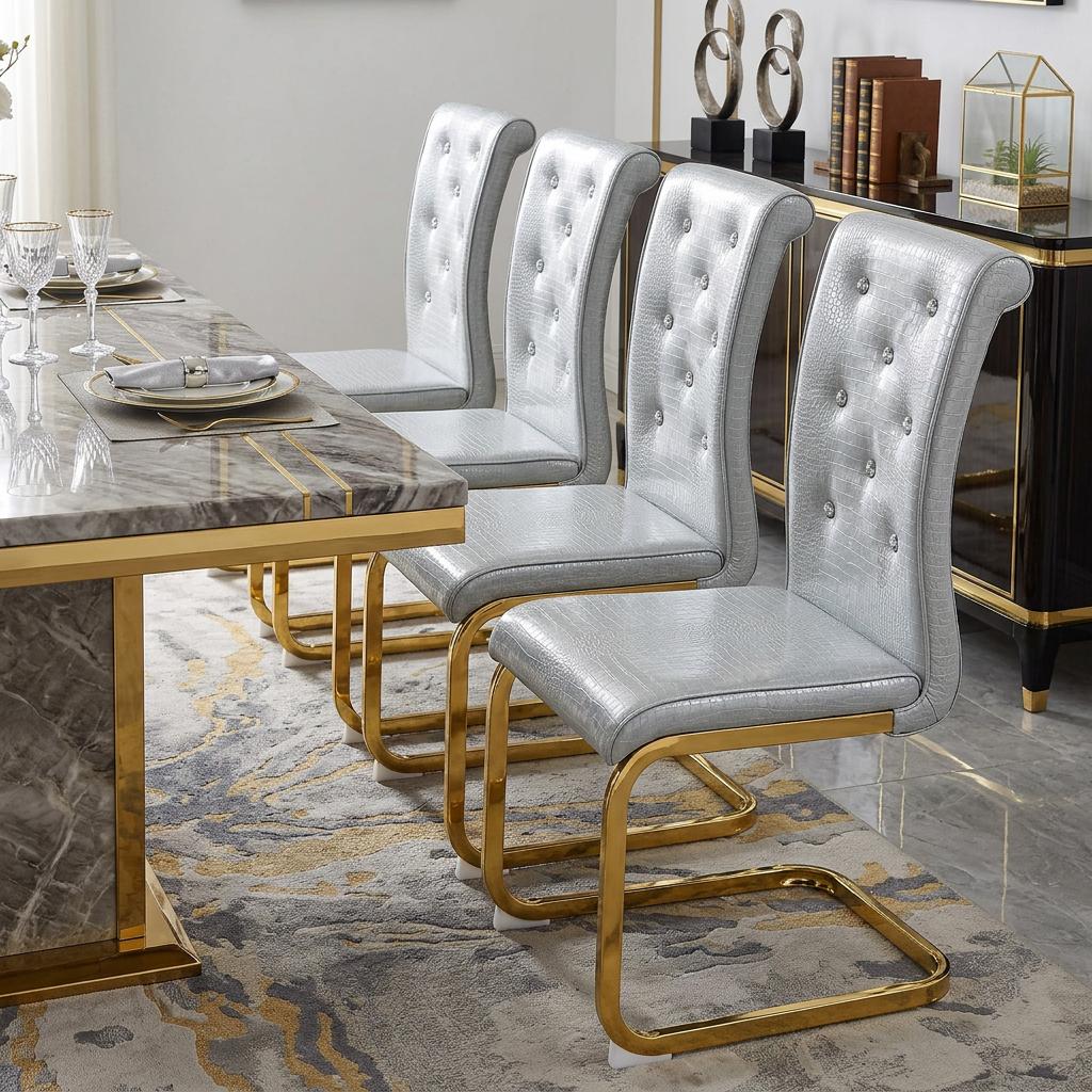 Set of Four Gray And Gold Tufted Faux Leather And Metal Dining Side Chairs