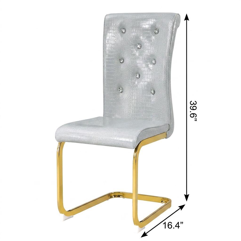 Set of Four Gray And Gold Tufted Faux Leather And Metal Dining Side Chairs