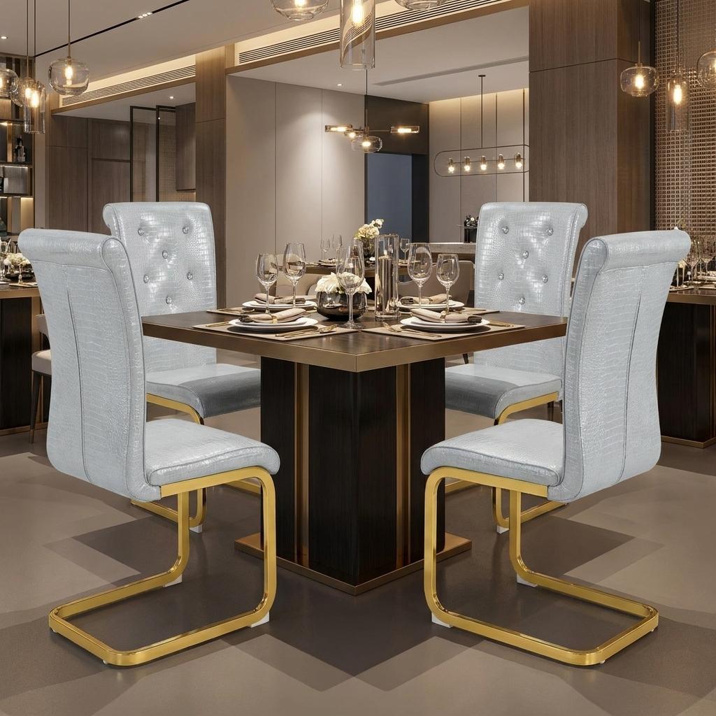 Set of Four Gray And Gold Tufted Faux Leather And Metal Dining Side Chairs