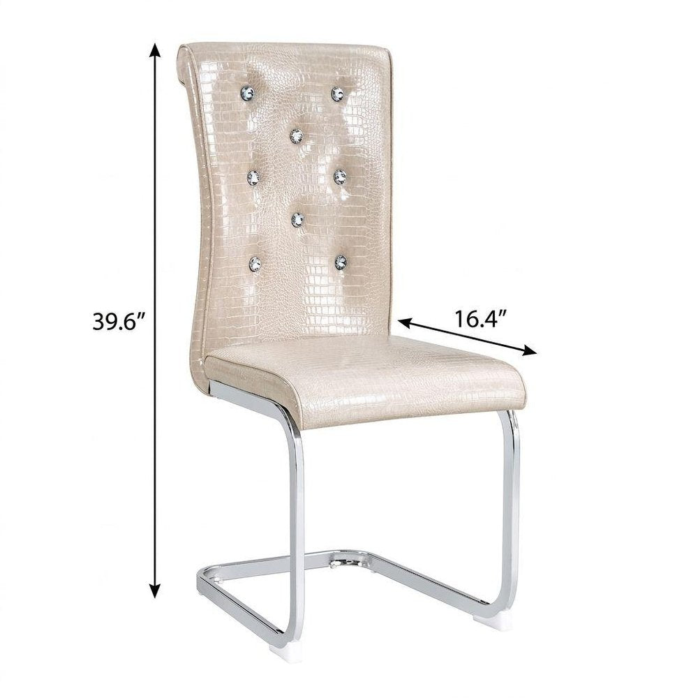 Set of Four Beige and Silver Faux Leather Dining Side Chairs