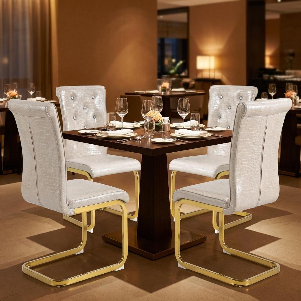 Set of Four Beige And Gold Tufted Faux Leather And Metal Dining Side Chairs