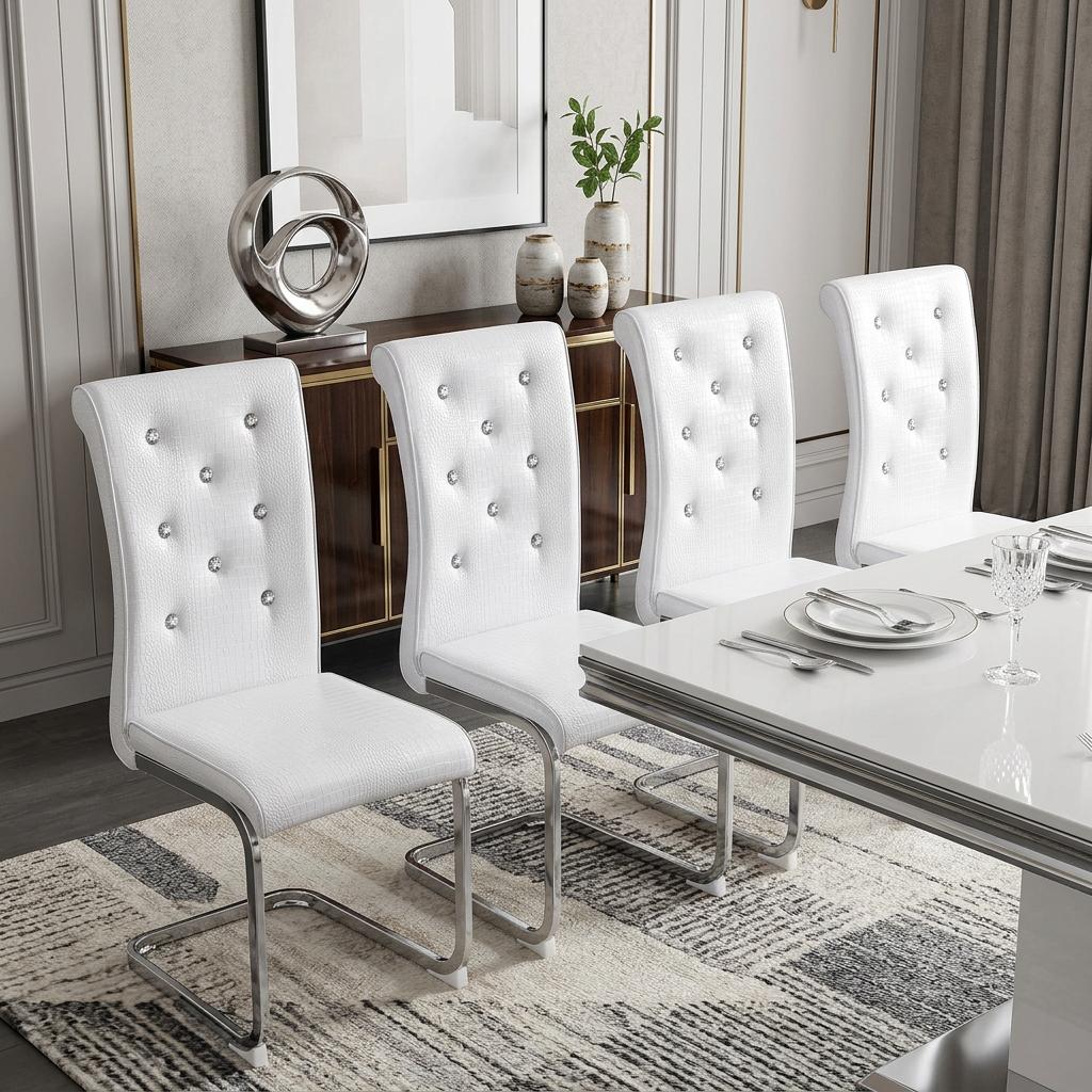 Set of Four White And Silver Tufted Faux Leather And Metal Dining Side Chairs